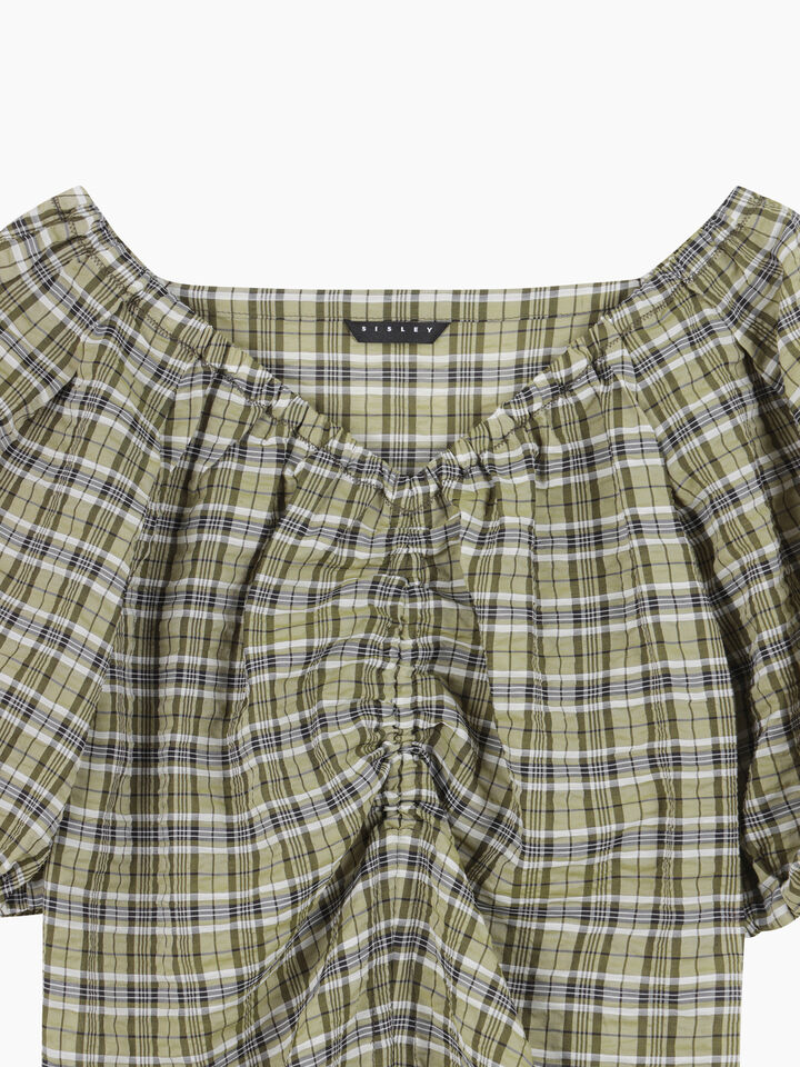 Khaki check blouse with rouching - null - Military Green | Sisley K image number 3